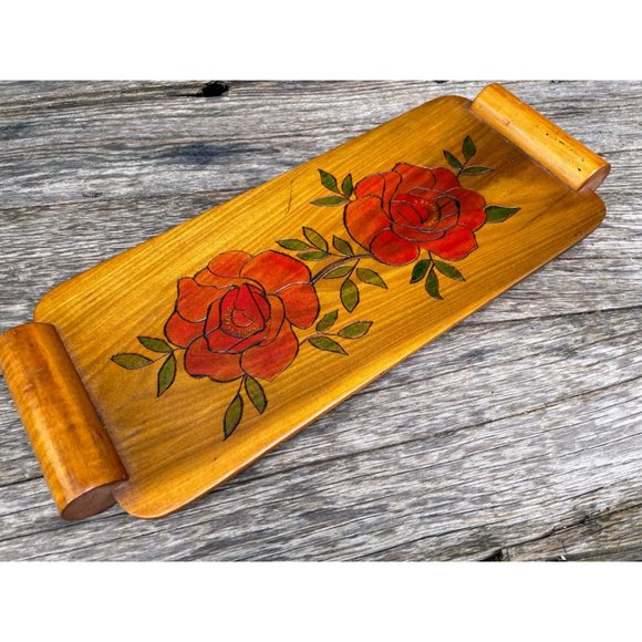 Vintage Wood Bread Serving Tray Carved Red Roses - Picture 4 of 13